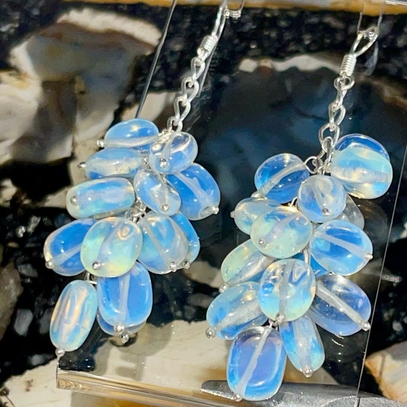 handmade & handcrafted gemstone jewelry Jewelry - Milky Iridescent Opalite Earrings 2 1/2”